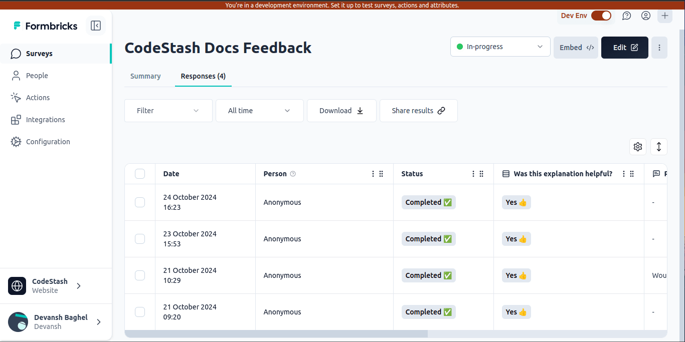 Formbricks dashboard showing survey results
