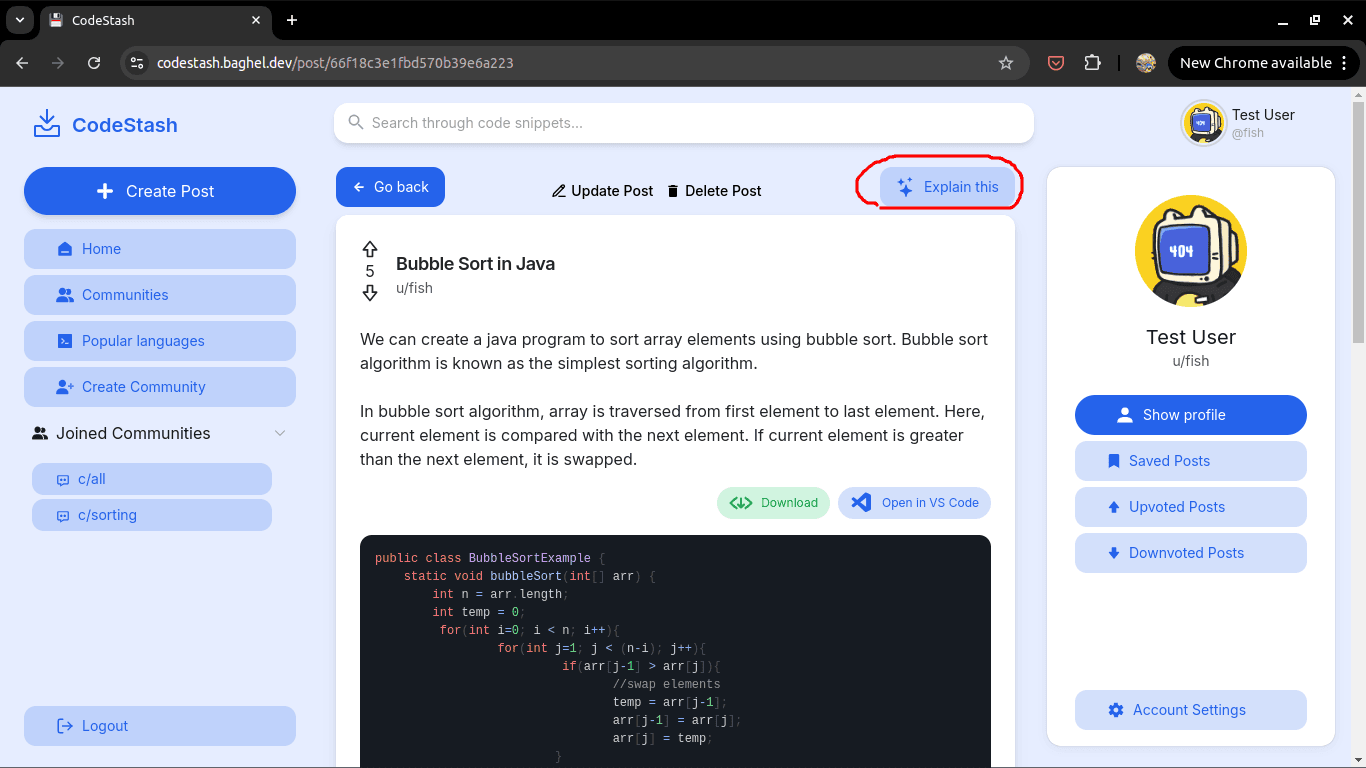Post on CodeStash about bubble sort in java