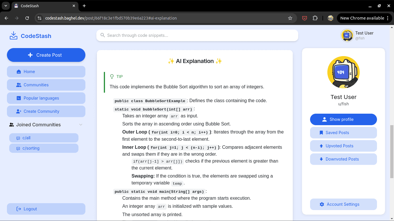 AI explanation of the post on CodeStash about bubble sort in java